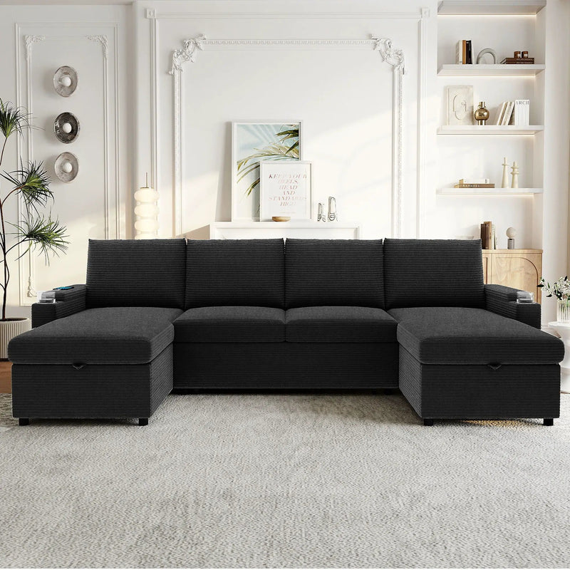 U Shaped Sectional Sofa Bed With Storage Chaise Lounges, USB Ports, And Cup Holders by HouseOfZazla