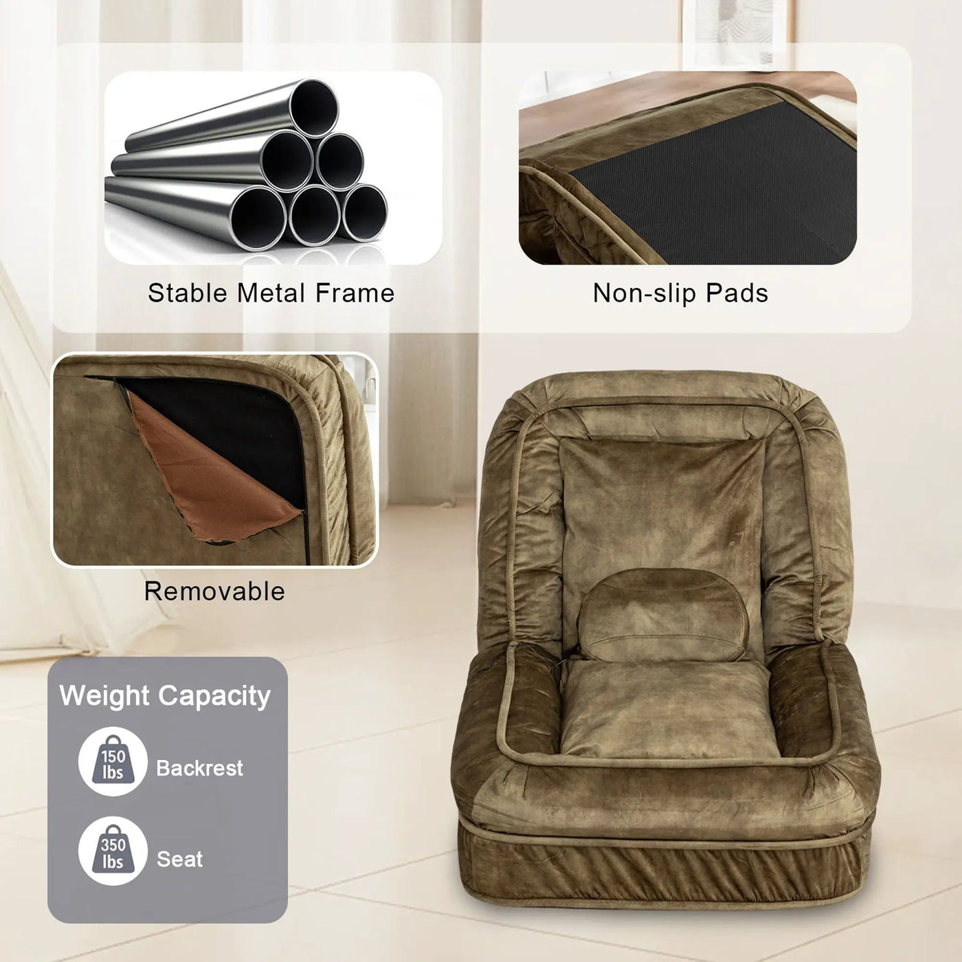 Upholstered Human Dog Bed And Pets, Bean Bag Floor Sofa With Massage Pillow, 5 Adjustable Positions & 2 Soft Pillows by Unique Piece Furniture