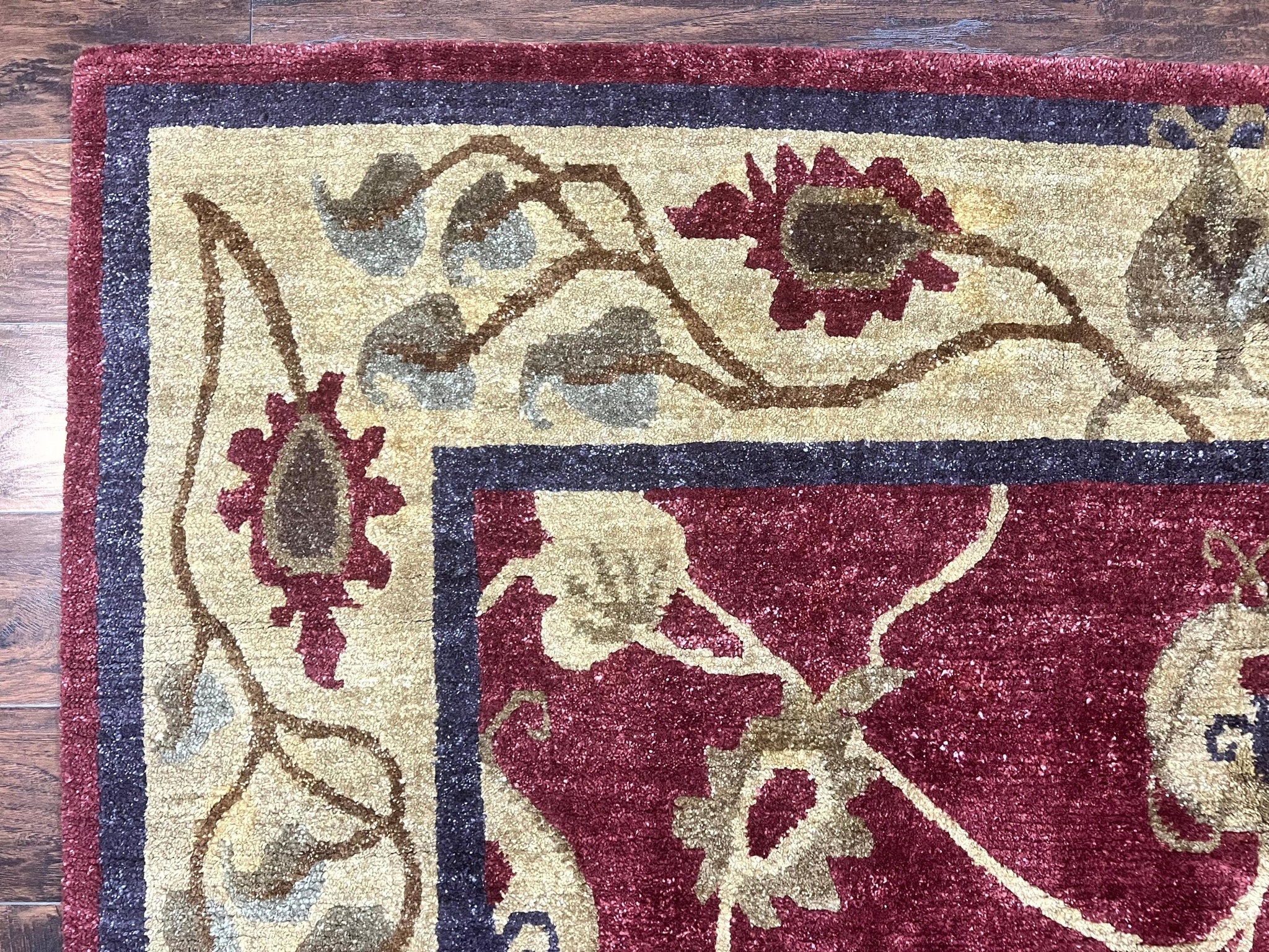 Tibetan Aubusson Rug 8x10, Maroon and Beige, Floral, Handmade, Wool, Vintage, Traditional Rug by Jewel Rugs