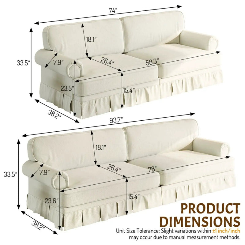 Luxuriously Comfortable Cloud Couch With Elegant Rolled Arms & Pleated Skirt Design