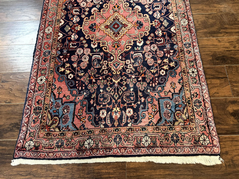 Persian Rug 3x5, Jozan Sarouk Rug, Navy Blue and Coral, Medallion Rug, Semi Antique by Jewel Rugs