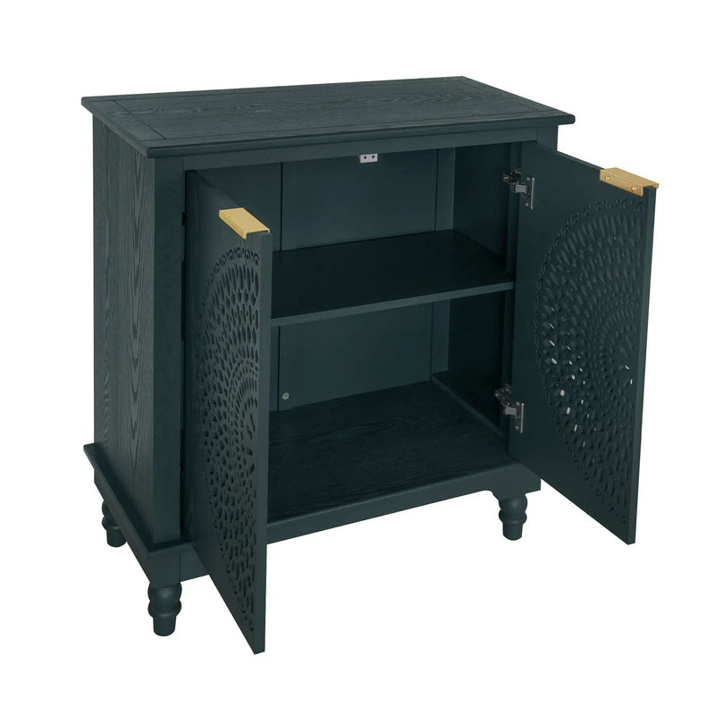 Hollow Carved 2 Door Accent Cabinet With Adjustable Shelf, Sideboard Buffet For Entryway, Living Room Or Bedroom - Blackish Green by HouseOfZazla
