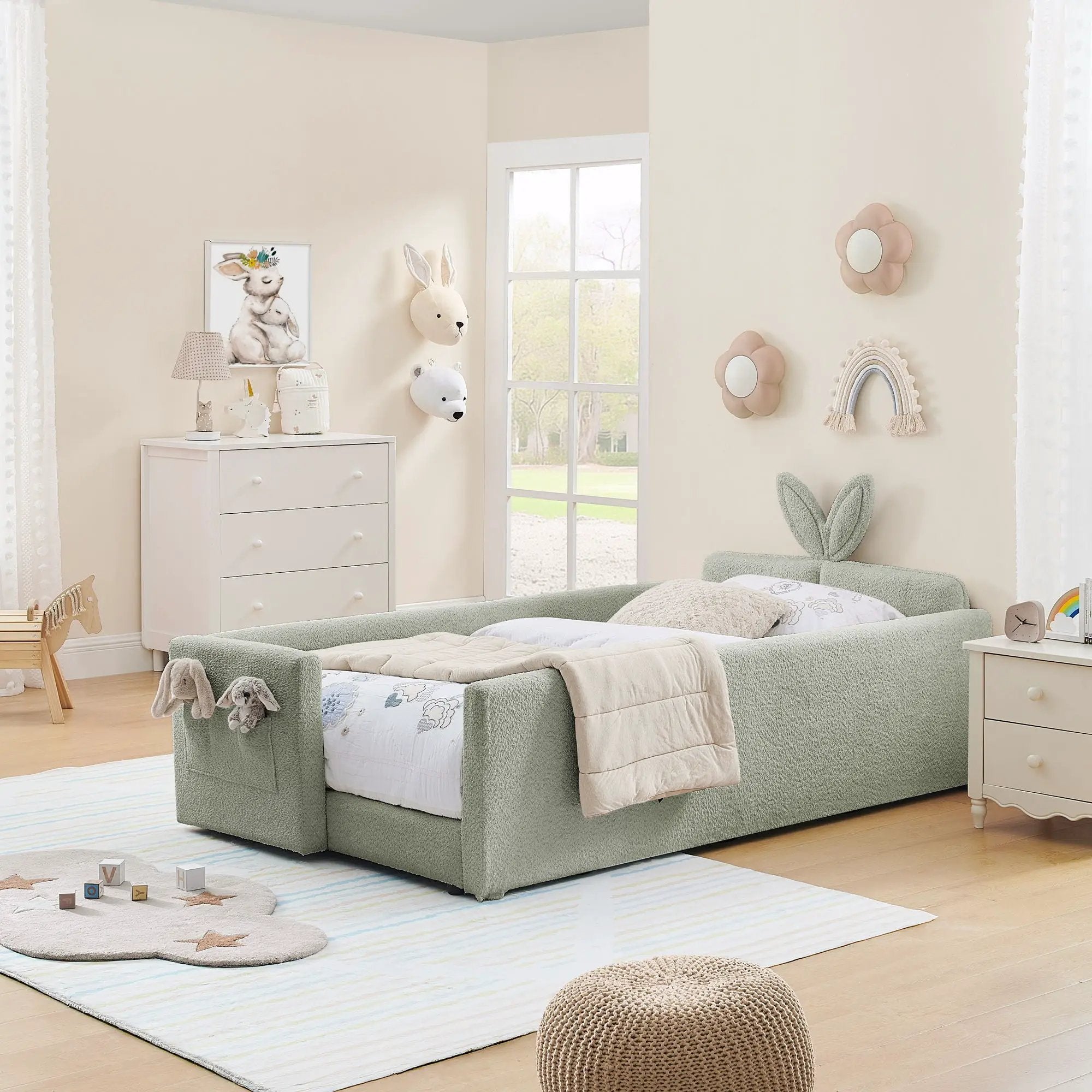 Cute Rabbit Ear Upholstered Platform Bed Frame With Safety Rail by Unique Piece Furniture