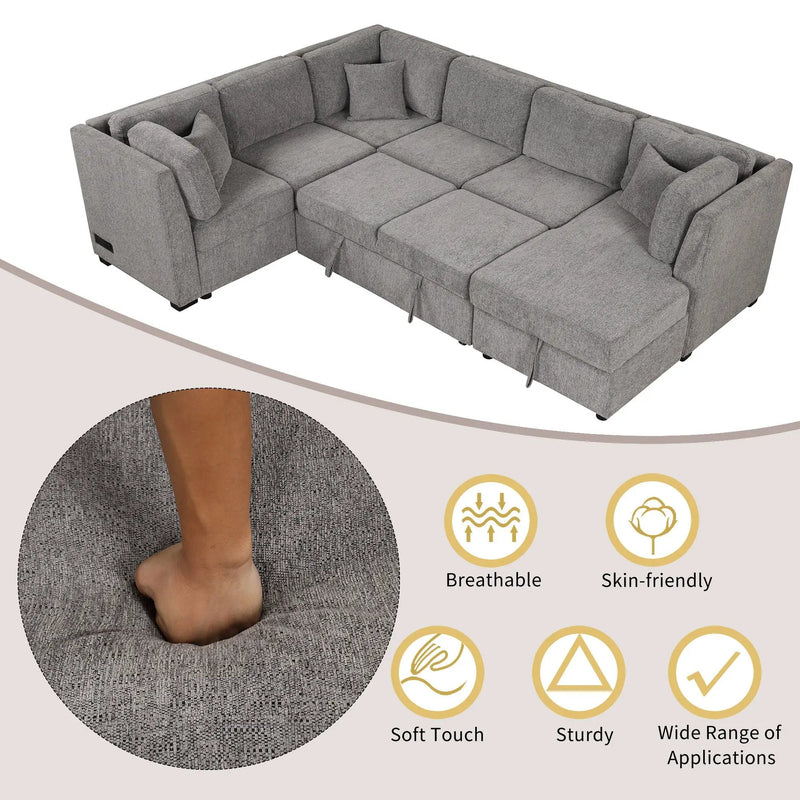 U-Shaped Sectional Sofa Pull Out Sofa Bed With Two USB Ports, Two Power Sockets, Three Back Pillows And A Storage Chaise For Living Room by HouseOfZazla