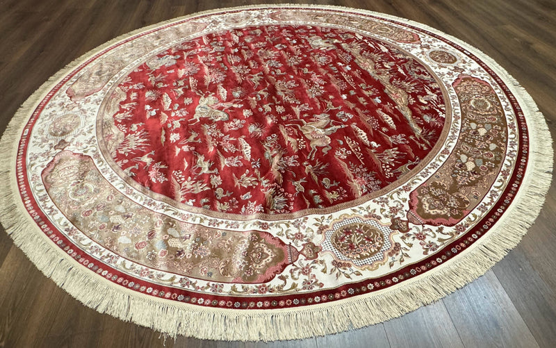 Large Round Turkish Silk Rug 8x8, Hunting Design, Dark Red & Ivory, Bamboo Silk by Jewel Rugs