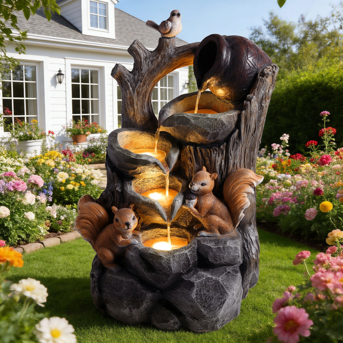 Resin Squirrel Tree Stump Outdoor Fountain 30 Inch LED, photo 2 of 9