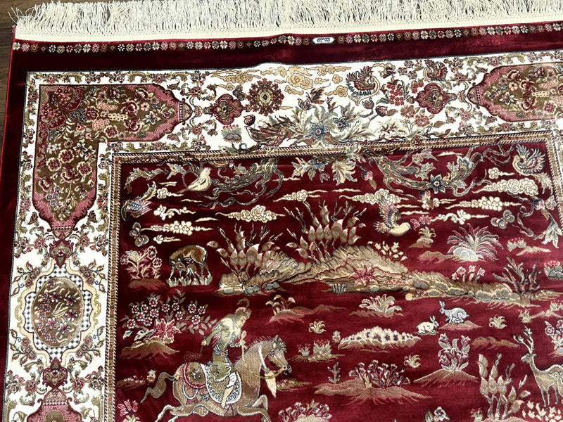 Turkish Silk Hunting Design Rug 4x6, Dark Red & Ivory, Bamboo Silk, New by Jewel Rugs