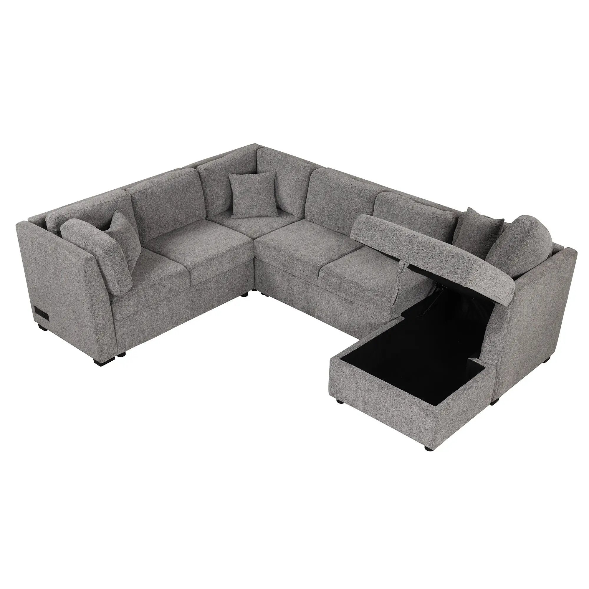 U-Shaped Sectional Sofa Pull Out Sofa Bed With Two USB Ports, Two Power Sockets, Three Back Pillows And A Storage Chaise For Living Room by HouseOfZazla