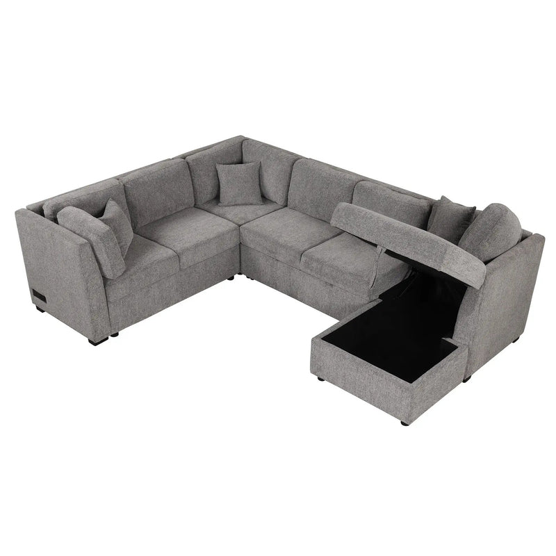 U-Shaped Sectional Sofa Pull Out Sofa Bed With Two USB Ports, Two Power Sockets, Three Back Pillows And A Storage Chaise For Living Room by HouseOfZazla
