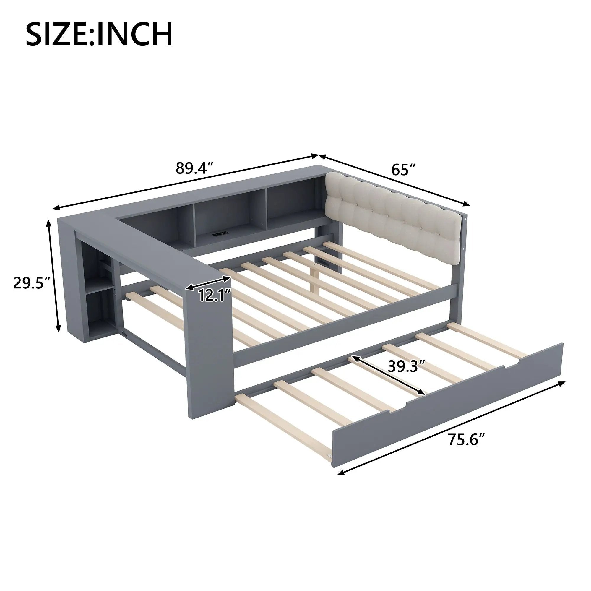 Upholstered Headboard Platform Bed with Storage Shelves, Trundle, and Charging Station by HouseOfZazla