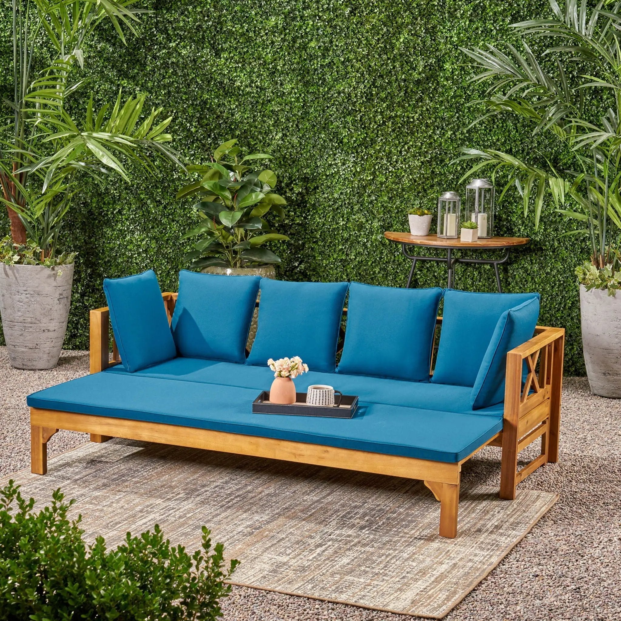 Outdoor Daybed With X-Shaped Panel Backrest And Armrests - Teak by HouseOfZazla