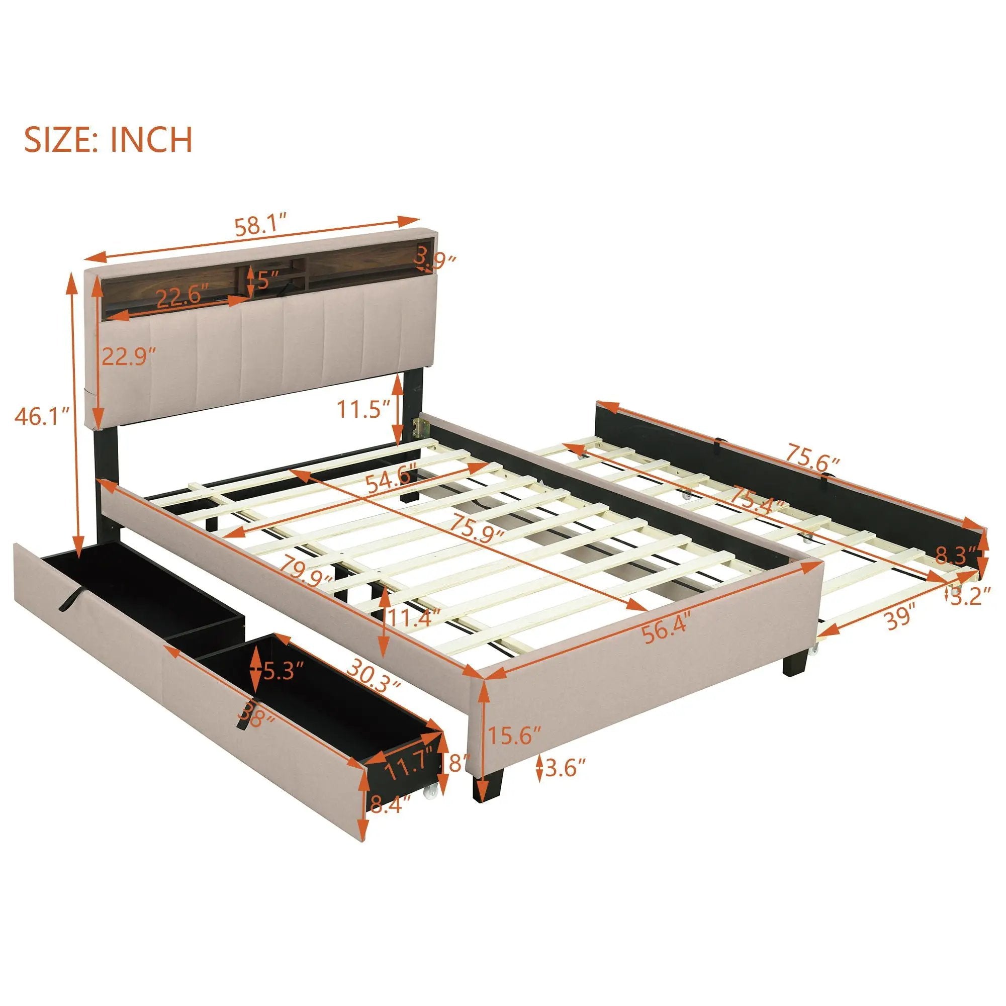 Upholstered Platform Bed With Storage Headboard, Trundle & 2 Drawers And A Set Of Sockets & USB Ports by HouseOfZazla