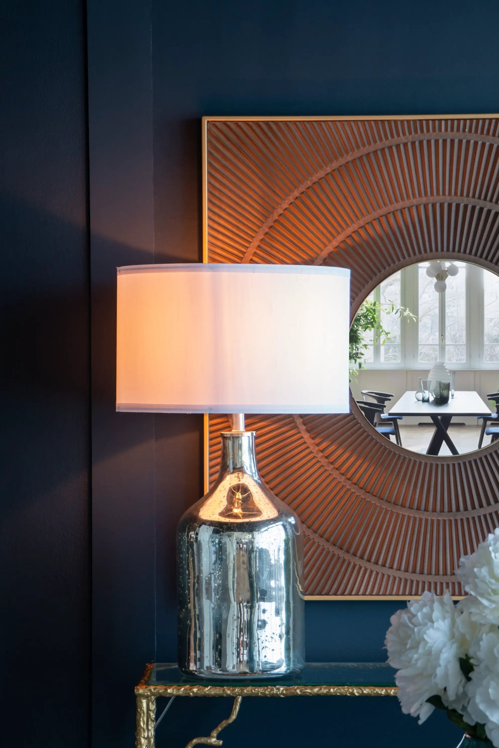 Silver Round Table Lamp with White Fabric Shade by HouseOfZazla