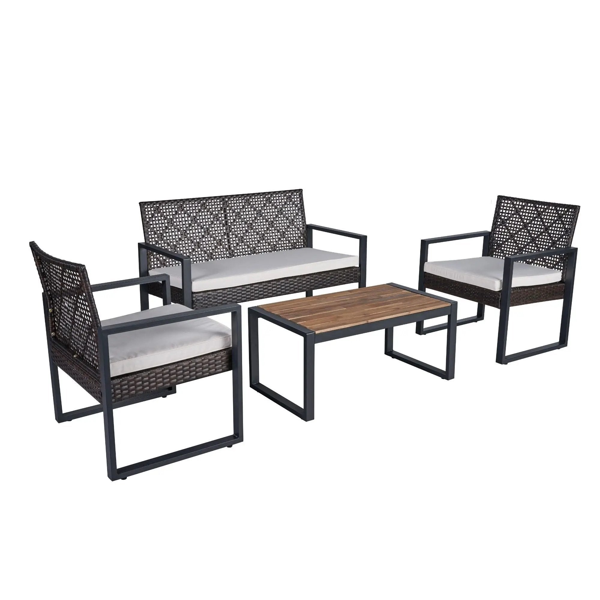 4 Piece Patio Furniture Set With Acacia Wood Table Top And Cushions by HouseOfZazla