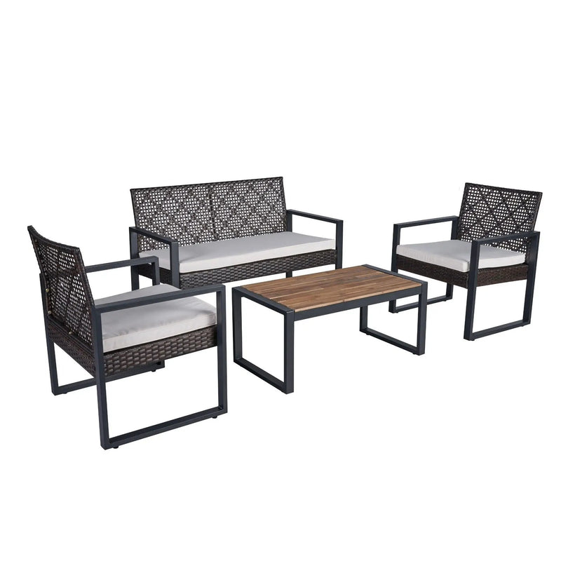 4 Piece Patio Furniture Set With Acacia Wood Table Top And Cushions by HouseOfZazla