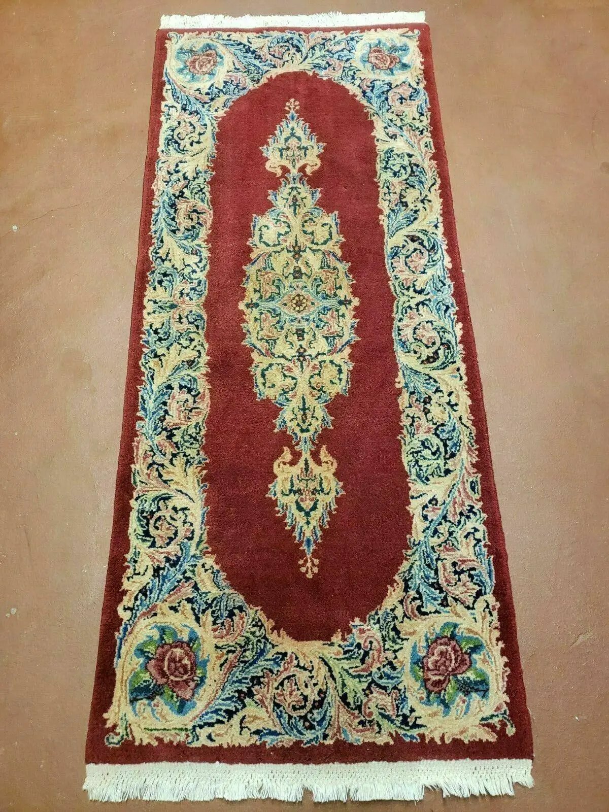 Small Persian Kirman Rug 2x4, Wool Oriental Vintage Handmade Carpet, Hand Knotted Floral Medallion, Red & Beige, Semi Open Field by Jewel Rugs