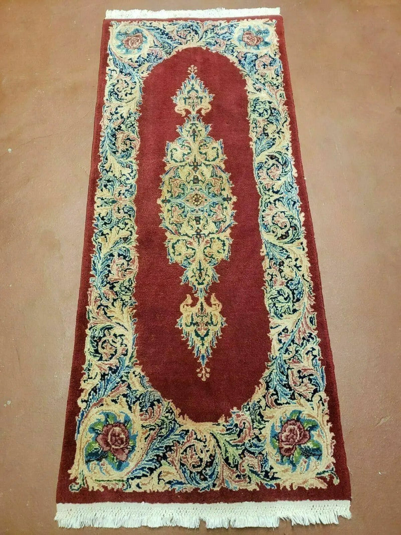 Small Persian Kirman Rug 2x4, Wool Oriental Vintage Handmade Carpet, Hand Knotted Floral Medallion, Red & Beige, Semi Open Field by Jewel Rugs