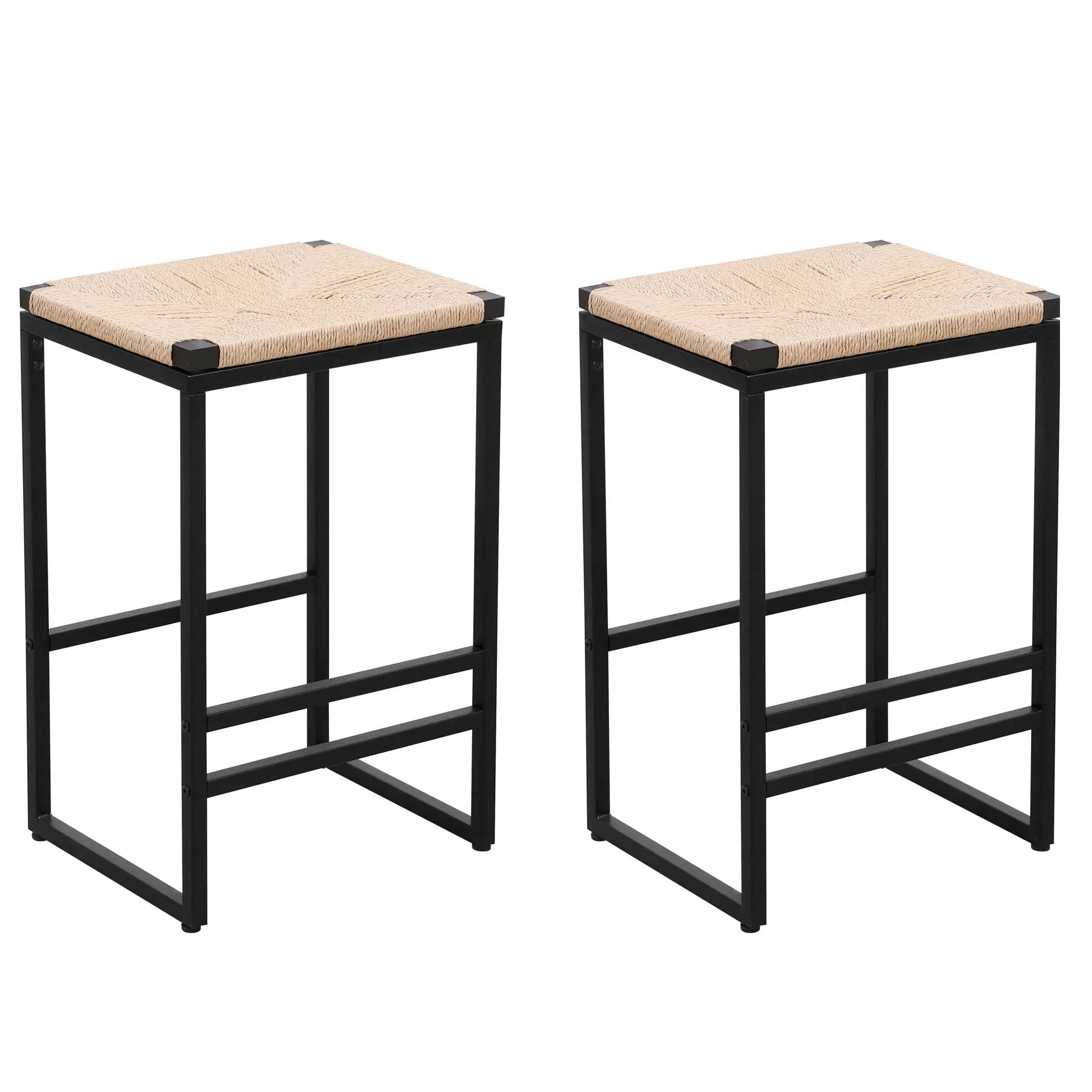 Boho Style Backless Bar Stools (Set of 2) With Paper Rope Woven Seat & Metal Frame For Kitchen Counter by Unique Piece Furniture