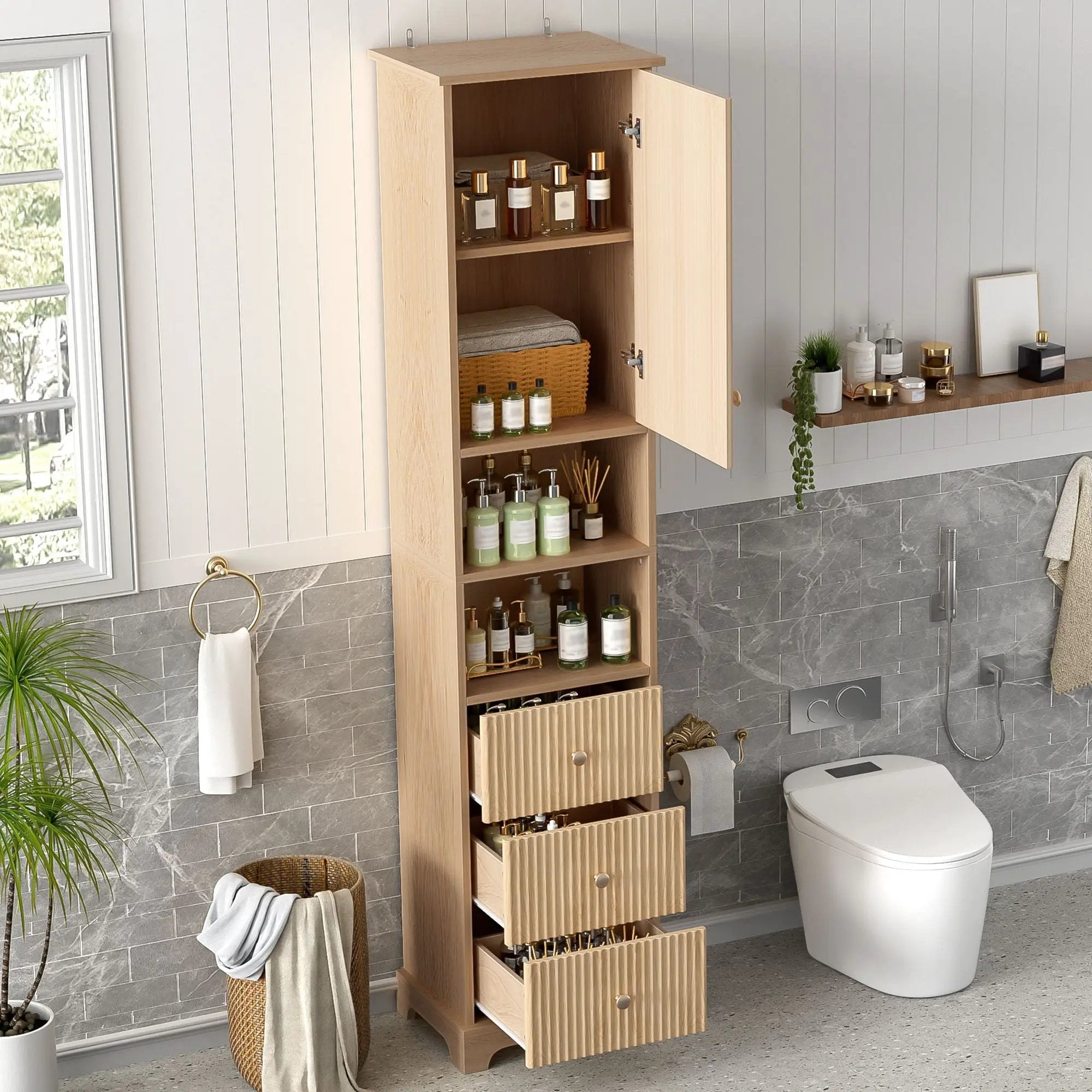 Tall Bathroom Cabinet With 1 Door, 3 Drawers, Open Storage - Wood by Unique Piece Furniture