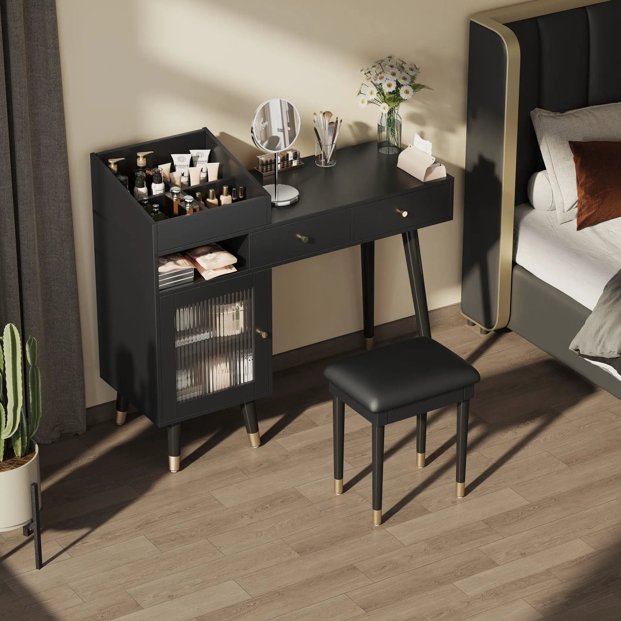 Modern Makeup Vanity Desk With Drawers Cabinet & Charging Port Engineered Wood Space Saving Design For Small Places - Black by Unique Piece Furniture