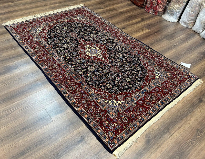 Dark Blue Persian Rug 5x8, Kork Wool Semi Antique Kashan Carpet, Very Fine Lachak Toranj Rug, Hand Knotted Floral Medallion Rug, 5 x 8 Oriental Rug by Jewel Rugs
