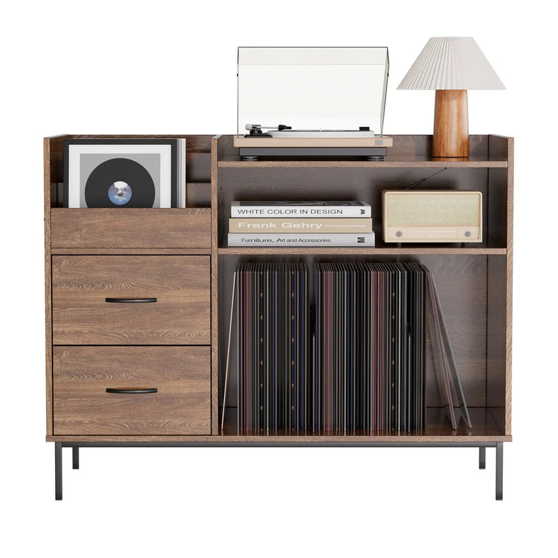 Eco-Friendly Vinyl Record Player Stand With Flip-Top Storage, Media Console With Dual Outlets And Dustproof Drawers by HouseOfZazla