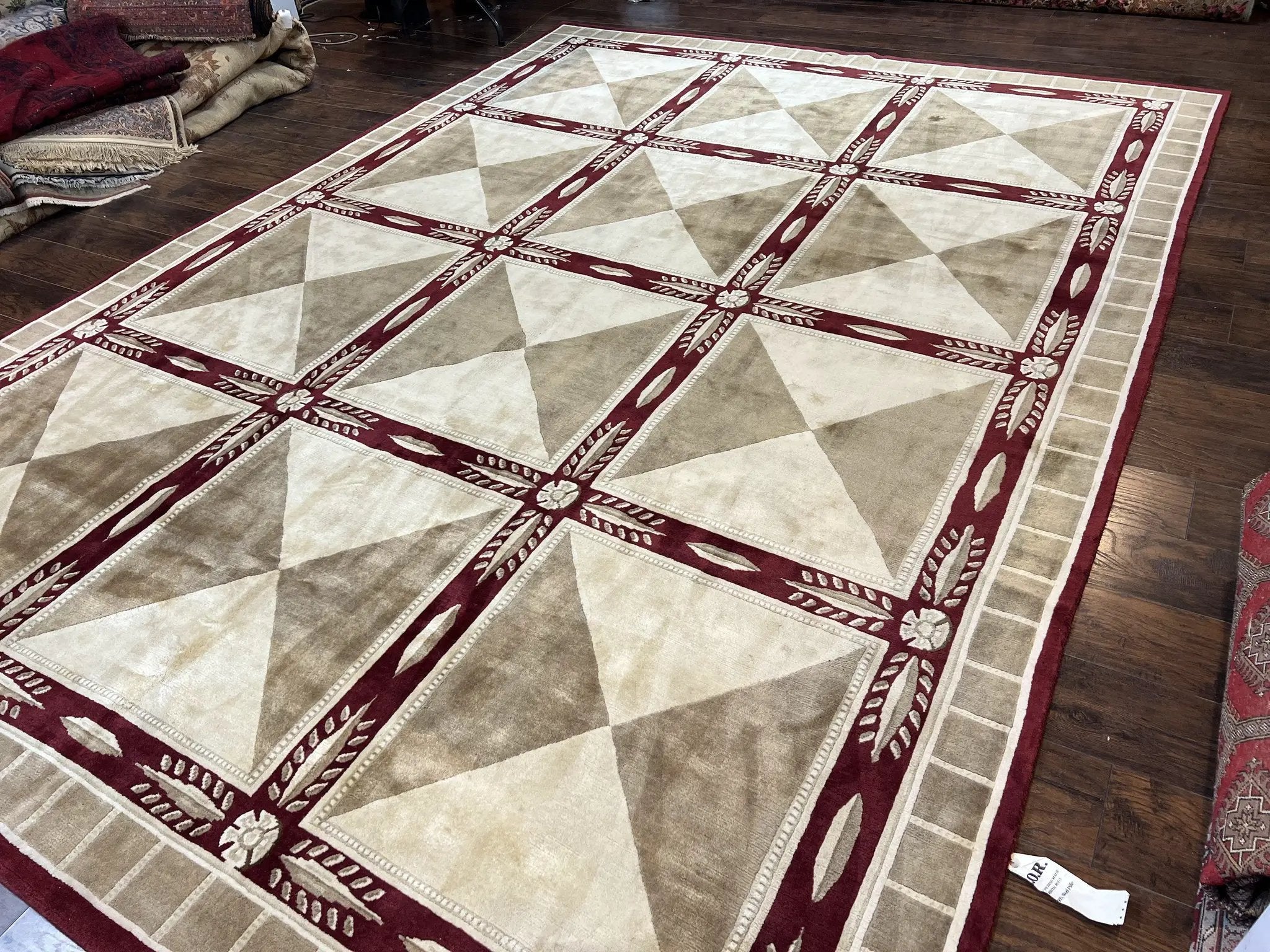 Indo Tibetan Rug 10x14, Nepali Carpet, Large Soft Wool Area Rug, Olive Tan Maroon, Contemporary Rug 10 x 14 ft Living Room Rug, Handmade Rug by Jewel Rugs