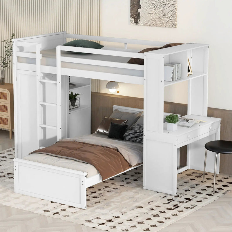 Loft Bed With A Stand Alone Bed, Shelves, Desk, And Wardrobe by HouseOfZazla