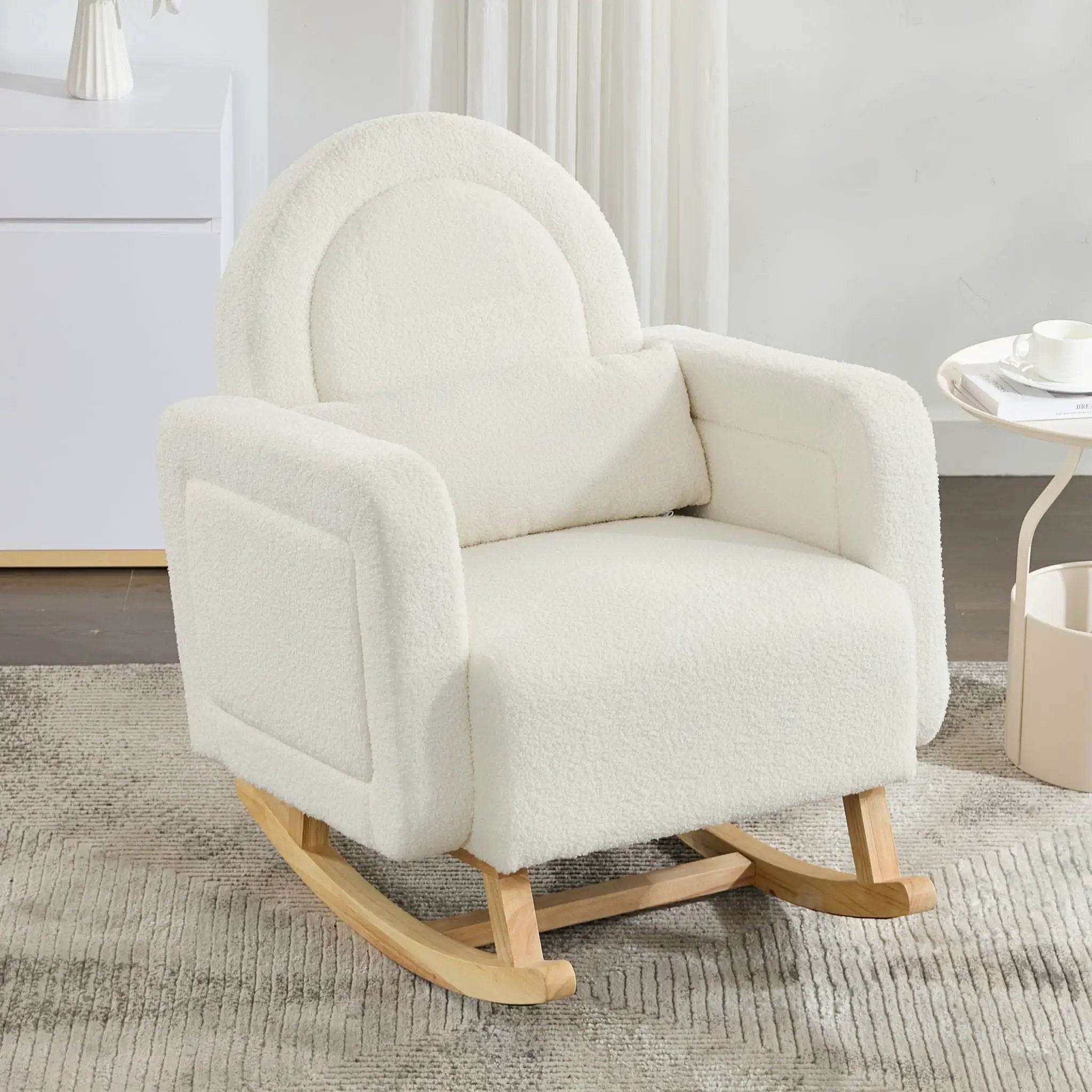 Accent Rocking Chair With Curved Back & Pillow, Base, Ultimate Comfort For Living Room Or Nursery - Cream White by HouseOfZazla