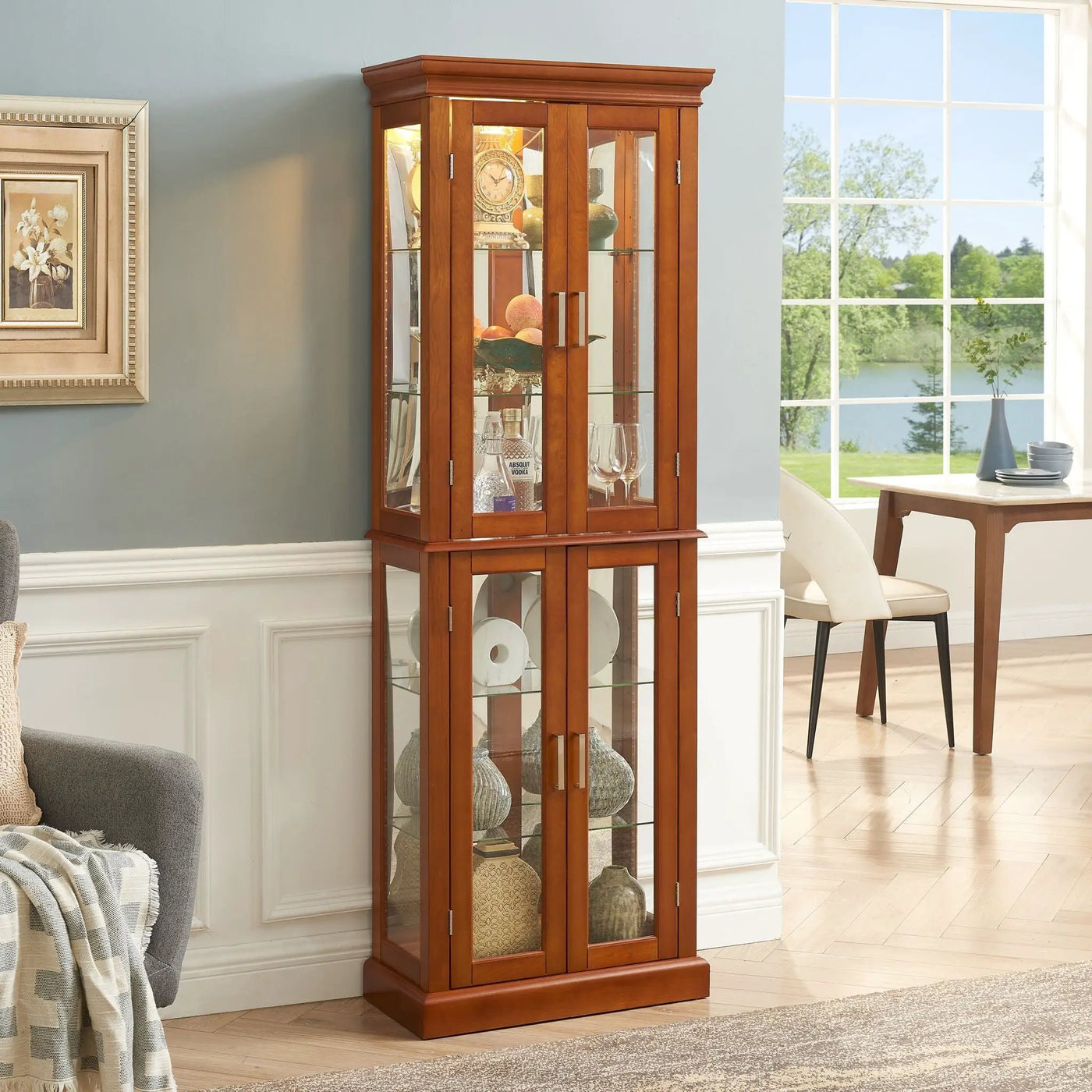 Lighted Curio Cabinet With Adjustable Shelves and Mirrored Back Panel by HouseOfZazla