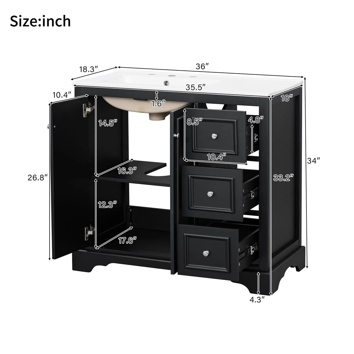 Bathroom Vanity With Sink, Soft-Close Doors, Adjustable U-Shelf, 3 Drawers by HouseOfZazla