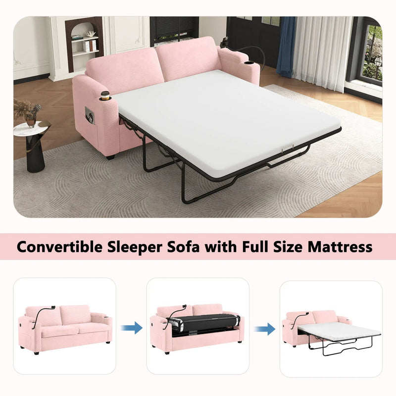 Sleeper Sofa Loveseat Sofa With Full Size Mattress, 2 USB Ports, 2 Cup Holders, 2 Side Pockets And Phone Holder by HouseOfZazla