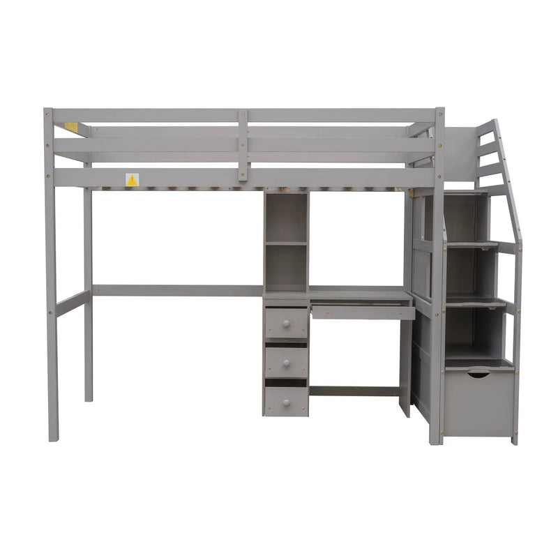 Loft Bed With Stand Alone Bed, Storage Staircase, Desk, Shelves, And Drawers