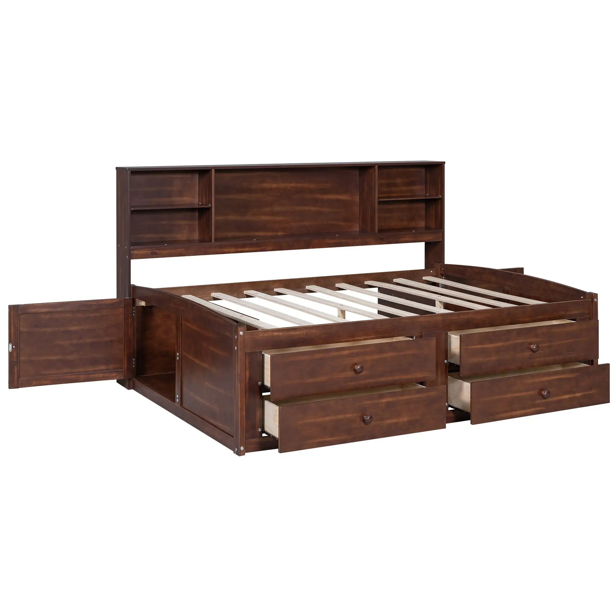 Full Size Captain Bed With Built In Storage Shelves, 4 Drawers And 2 Cabinets - Antique Brown by Unique Piece Furniture