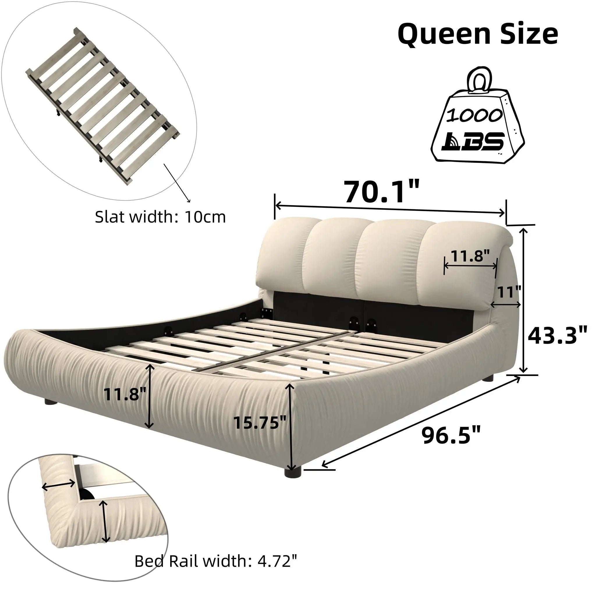 Luxury Upholstered Platform Bed With Oversized Padded Backrest And Solid Wood Frame by HouseOfZazla