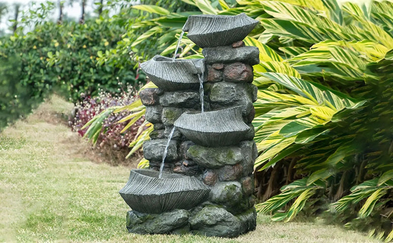 Indoor Outdoor Stone Water Fountain, 4 Tier Polyresin Cascading Rock Bowl Freestanding Fountain With LED Ligh - Gray by HouseOfZazla