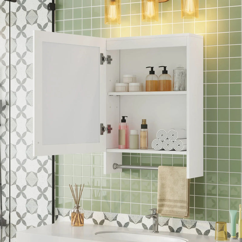 3 In 1 Wall Mounted Bathroom Mirror Cabinet With Adjustable Shelf, Soft Close Door, Mirror & Towel Bar - White by Unique Piece Furniture