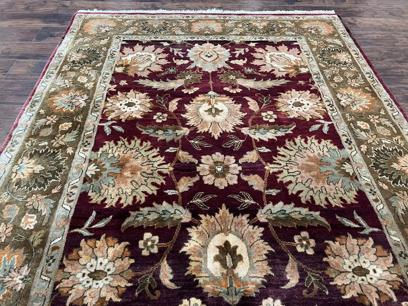 Indo Mahal Rug 6x9, Large Flowers Allover, Maroon and Green, Handmade Wool Area Rug, Vintage Rug, Indian Oriental Carpet, Hand Knotted Rug by Jewel Rugs
