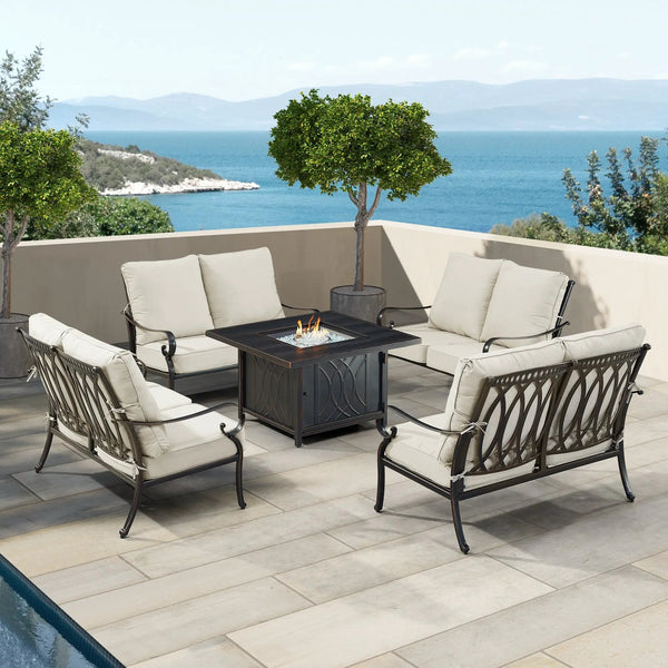 Black Aluminum Fire Table Set with Four Deep Seating Loveseats