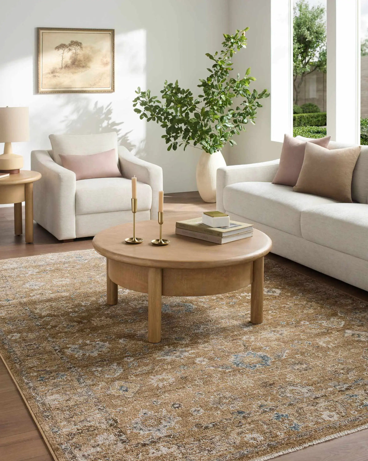 Humana Tan Traditional Area Rug, installed in a room