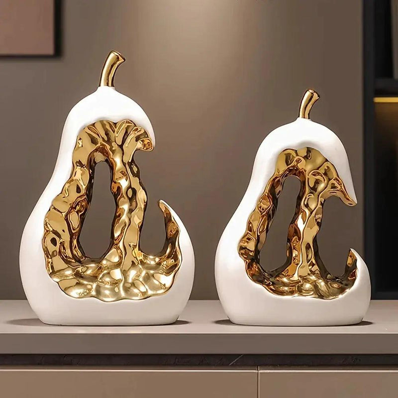Modern Ceramic Pear Sculpture with Gold Abstract Center by House Of Avana