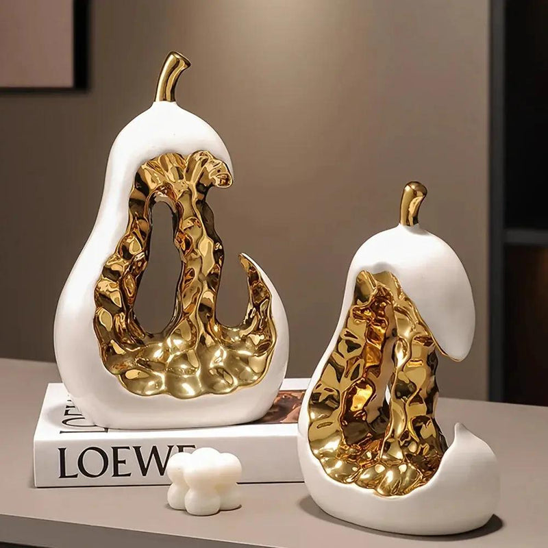 Modern Ceramic Pear Sculpture with Gold Abstract Center by House Of Avana