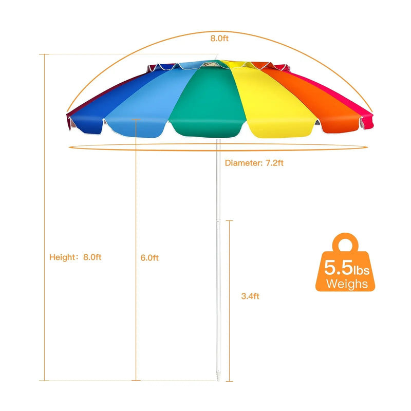 8FT Portable Beach Umbrella with Sand Anchor and Tilt Mechanism for Garden and Patio by DirectDeals