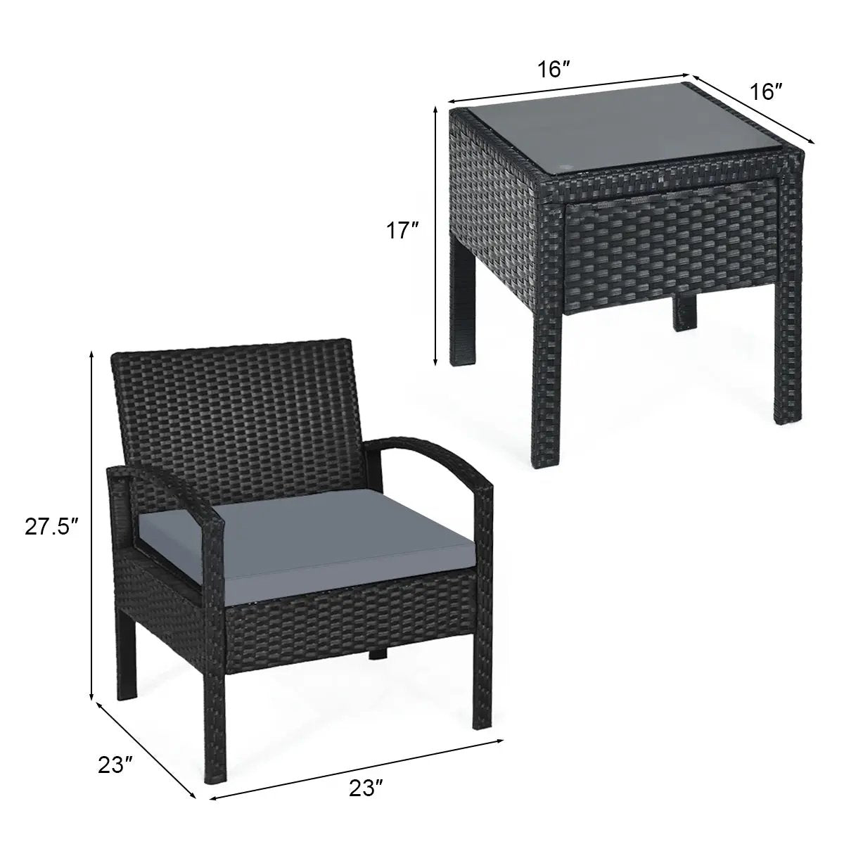 3 Pieces Outdoor Rattan Patio Conversation Set with Seat Cushions, photo 5 of 11