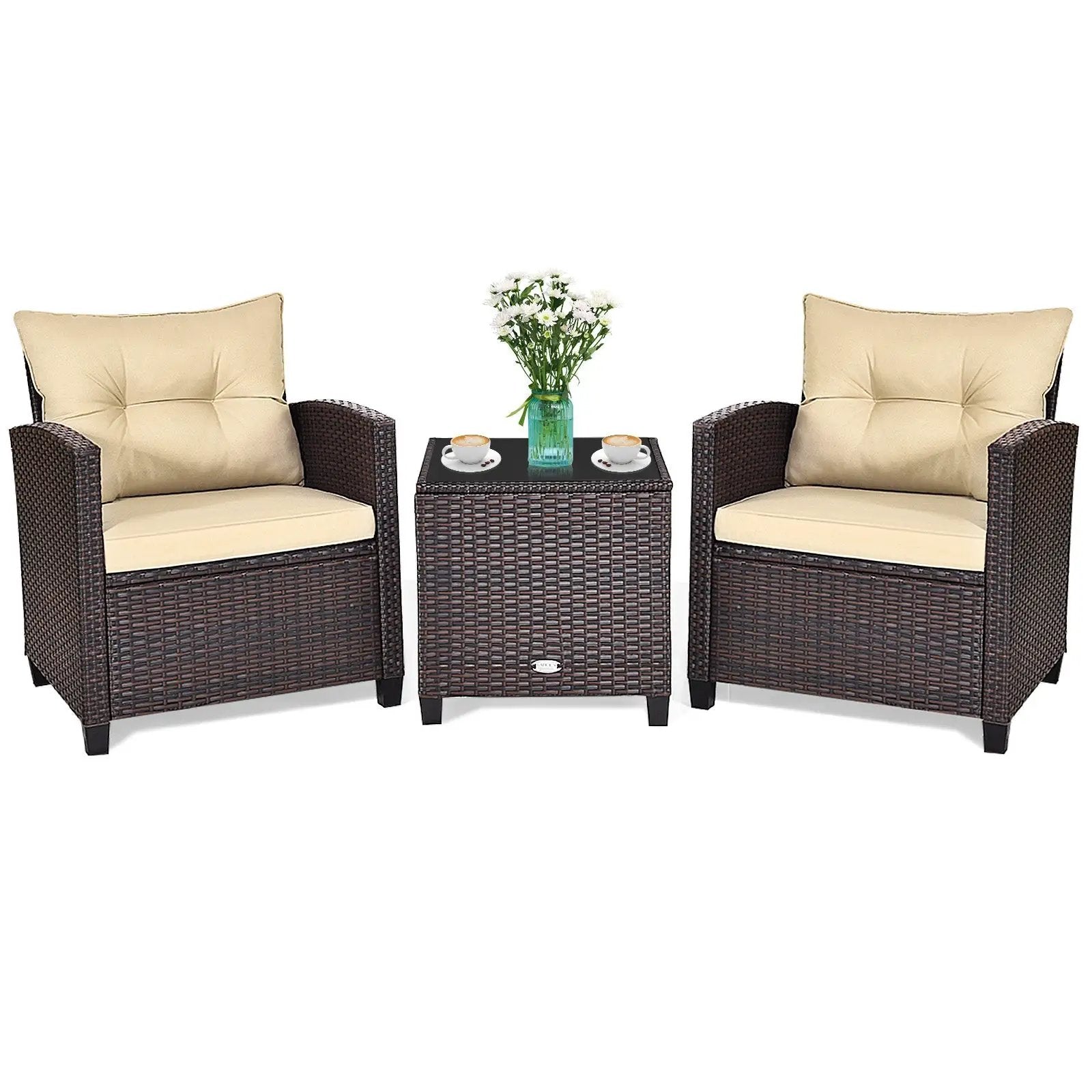 3 Pcs Patio Rattan Furniture Set Cushioned Conversation Set Coffee Table-Beige by DirectDeals