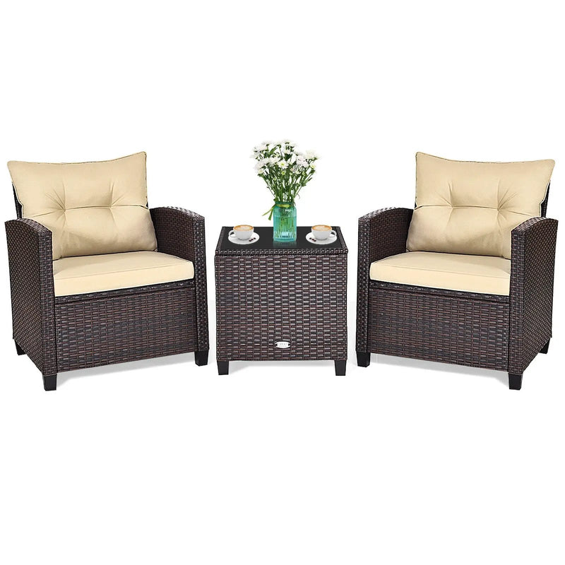 3 Pcs Patio Rattan Furniture Set Cushioned Conversation Set Coffee Table-Beige by DirectDeals