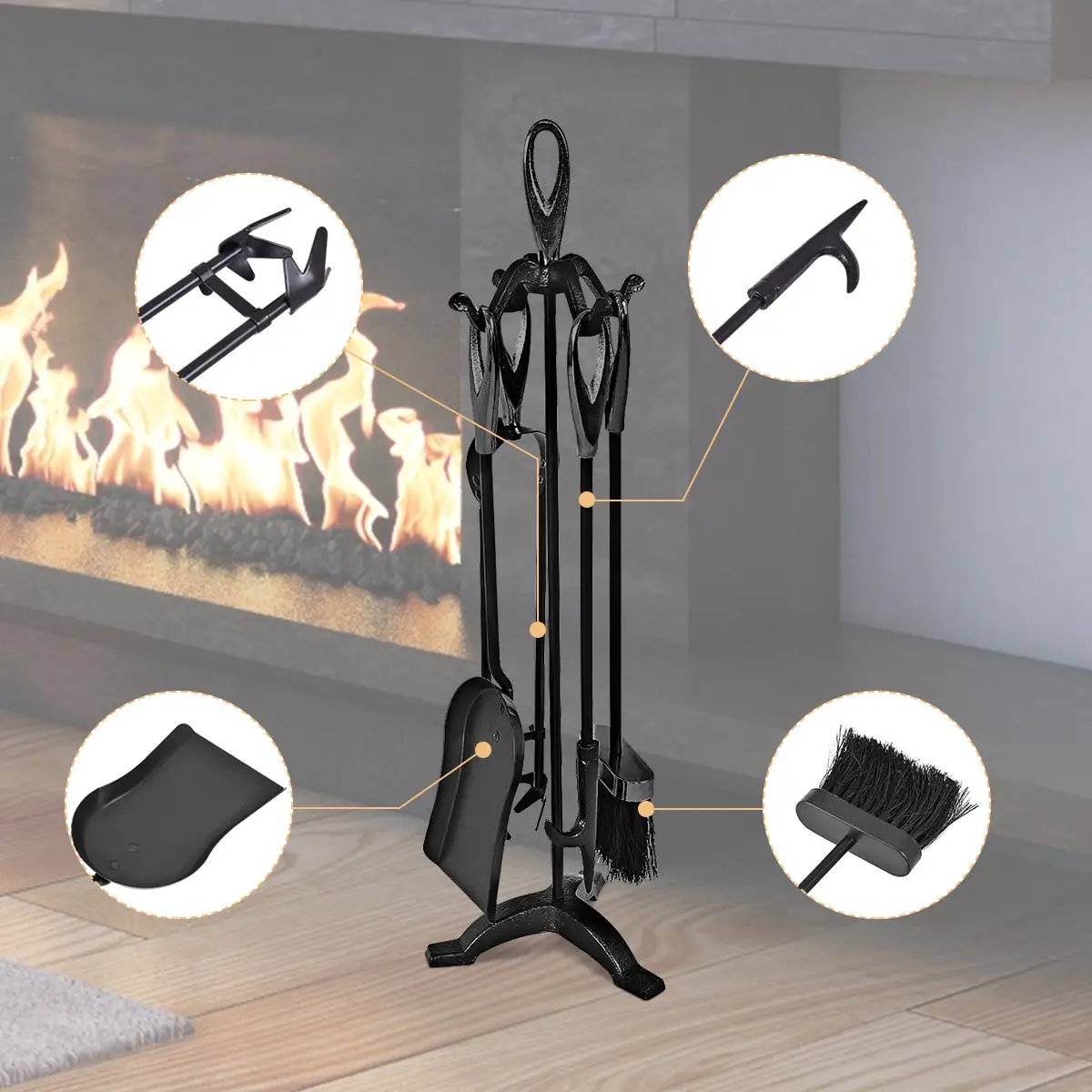 5 Pieces Rustic Heavy Duty Compact Wrought Iron Fireplace Tools Set, photo 11 of 16