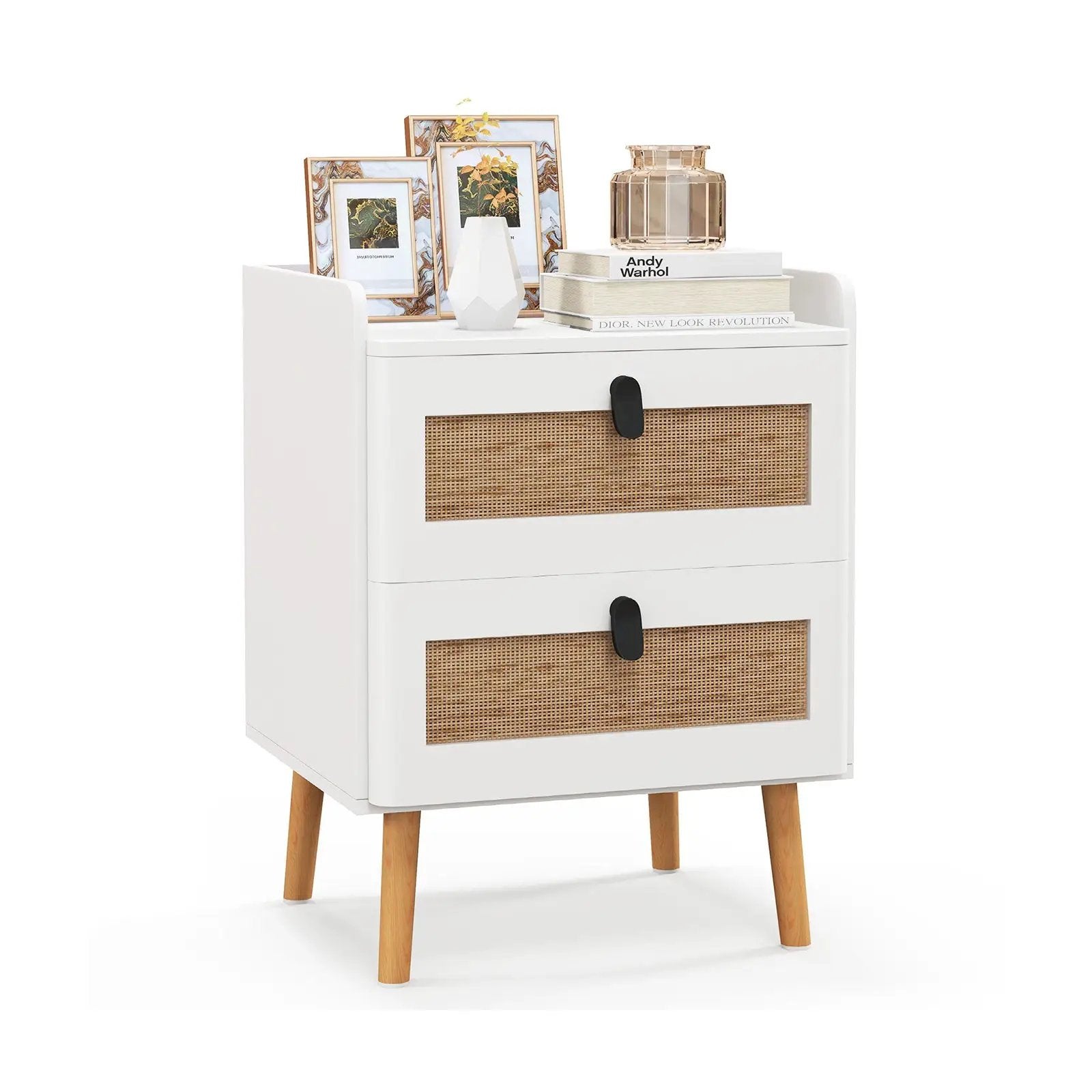 Modern End Table Bedside Table with 2 Rattan Decorated Drawers by DirectDeals