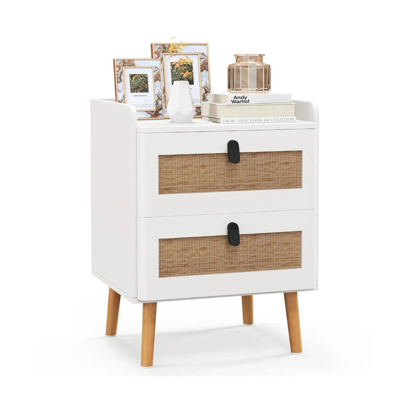 Modern End Table Bedside Table with 2 Rattan Decorated Drawers by DirectDeals