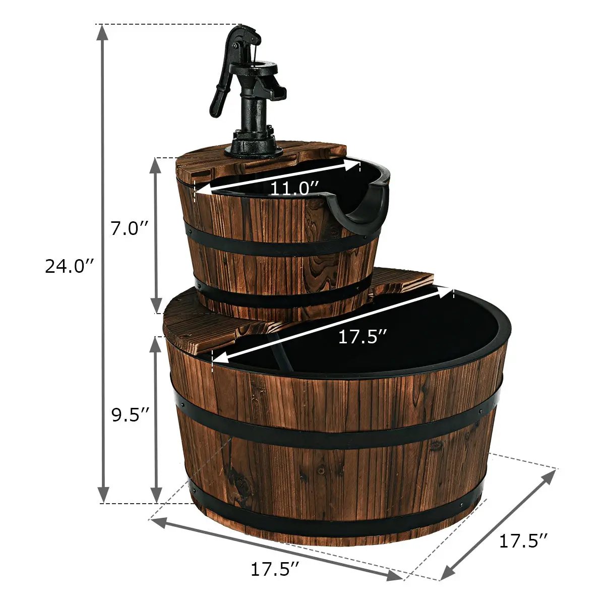 2-Tiers Outdoor Wooden Barrel Waterfall Fountain with Pump by DirectDeals